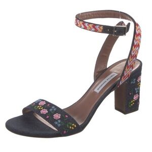 Tabitha Simmons Leticia Embroidered Floral Denim Heeled Sandals Sz 39.5